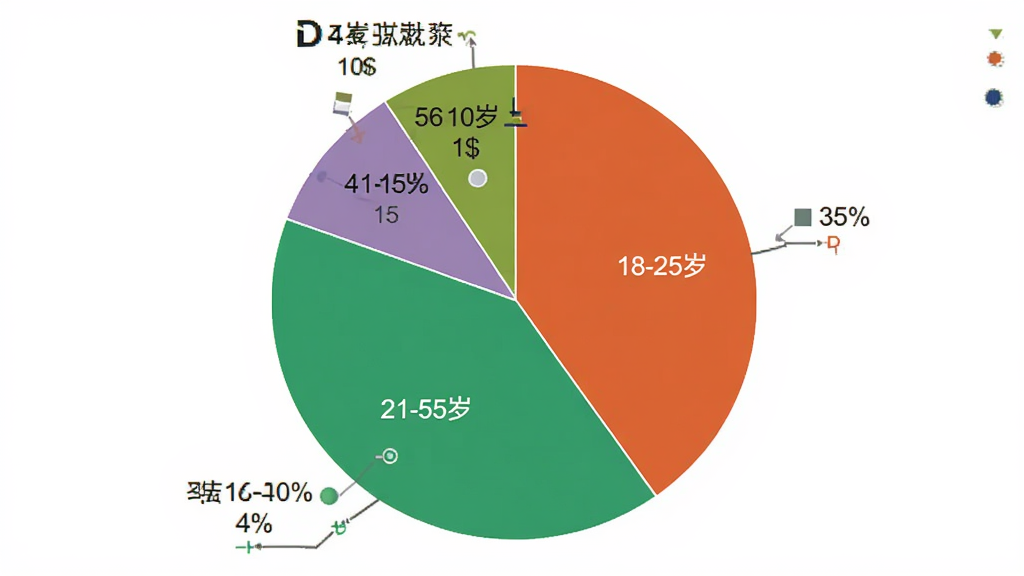 Aholo 3D 用户年龄分布饼状图,主体为一个饼状图,布局居中,排版清晰,风格数据可视化,细节上饼图分为四个色块,分别标注18-25岁占35%,26-40岁占40%,41-55岁占15%,56岁以上占10%,背景为白色,画质高清,干净,无多余元素