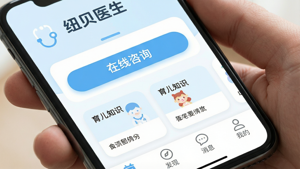һ���ֻ���Ļ��д�����������ǡ�Ŧ��ҽ����App�������棬������ʾ��Ŧ��ҽ�������ֱ�ʶ���м�����Ŀ��������ѯ��ť������֪ʶ���࿨Ƭ���ײ�Ϊ��ҳ�����֡���Ϣ���ҵ��ĸ���ǩ����������ɫ����͵�ǳ���Ͱ�ɫΪ����ͼ��Բ���࣬�����ɾ����������������޶���Ԫ�أ�����ִ���ܰ��