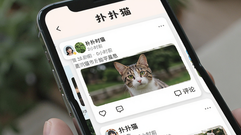 һ��չʾ����è��̬�㳡���ܵ���ͼ���棬�������ֻ���Ļ�ϵĶ�̬��Ϣ�����棬��Ļ����ʾ�û�������ͼ�Ķ�̬��Ƭ��ÿ�ſ�Ƭ�����û�ͷ���ǳơ�����ʱ�䡢�������ݺ���ͼ���·��е��޺�����ͼ�꣬����������èLogo�������������Ű����ʣ�������¼�Լ��ϸ�ھ��£����ʸɾ��������޶���Ԫ��