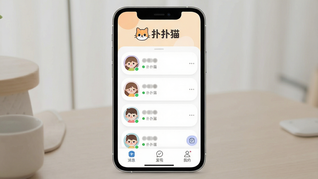 һ��չʾ����è�ֻ�Ӧ�ý��������Ч��ͼ��������һ�������ֻ�����Ļ����ʾ����è������������棬�Ϸ�������èLogo�����ƣ��м����û�ͷ���б�������״̬���ײ�����Ϣ�����֡��ҵ�����������ǩ�������������Ű��࣬����ִ���ƽ����ϸ��Բ����ͣ����ʸɾ��������޶���Ԫ��