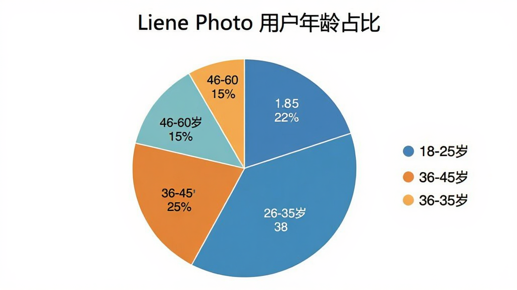 Liene Photo �û�����ֲ���״ͼ������Ϊһ��Բ�α�ͼ��ͼ������Ϊ��Liene Photo �û�����ռ�ȡ���ͼ����ʾ18-25��ռ22%��26-35��ռ38%��36-45��ռ25%��46-60��ռ15%������Ϊ��ͼ���У�ͼ�����Ҳ࣬���������ϸ����ɫ�������ԣ������������޶���Ԫ��