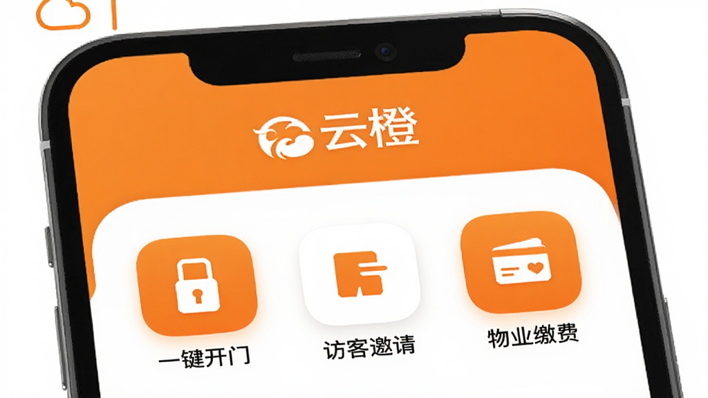 一张展示“云橙”App主界面的手机样机图,白色背景,手机屏幕中显示着“云橙”的Logo和“一键开门”、“访客邀请”、“物业缴费”三个核心功能图标,图标风格扁平圆润,整体色调以橙色和白色为主,画面干净整洁,无多余元素,高清画质。