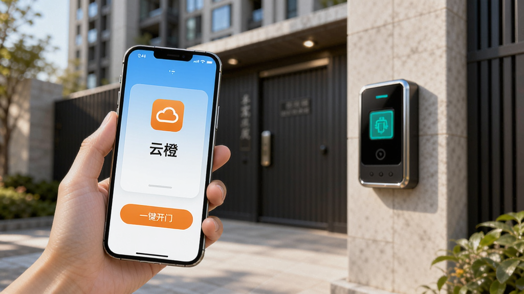 一张AI生成的图片,画面中一只手拿着手机,手机屏幕显示“云橙”App的开门界面,背景是一个现代小区的大门,大门上有一个门禁读卡器,手机屏幕上有“一键开门”的按钮,画面风格写实,光线明亮,细节清晰,画质干净。