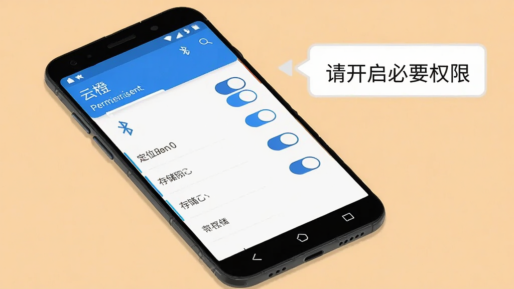 一张AI生成的图片,画面中一部安卓手机屏幕显示“云橙”App的权限管理设置页面,页面中有蓝牙、定位、相机、存储等权限开关,手机旁边有一个提示框写着“请开启必要权限”,背景是纯色,风格简洁,画质清晰。