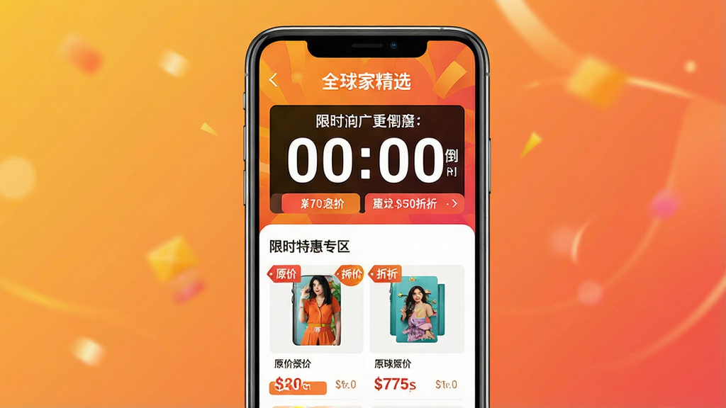 һ��չʾ��ȫ��Ҿ�ѡ��APP����ʱ�ػ�ר����ͼƬ��������һ���ֻ���Ļ����Ļ����ʾ����ʱ�ػݰ�飬����Ŀ�ĵ���ʱ���ֺ��ۿ۱�ǩ����ƷͼƬ�Ա߱���ԭ�ۺ��ۿۼۡ�����Ϊ�ֻ���Ļ���У�������ůɫ���Ľ��䡣�Ű�ͻ������ʱ�ͼ۸�Աȡ����Ϊ�����ҳ����ɫ�������л�����ϸ���ϣ�����ʱ���ִ���������۸��ǩ��Ŀ�����ʸɾ����޶���Ԫ�أ����塣
