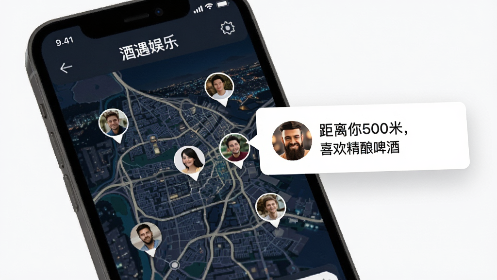��������ͬ��ƥ�书�ܽ��棬�ֻ���Ļ��ʾ��ͼģʽ������ɢ�����û�ͷ���ǣ��Աߵ�����������500�ף�ϲ������ơ�ơ�����ʾ��Ƭ�������ǳ���ҹ����ͼ�����дʵ�������������ɾ��޶���Ԫ��