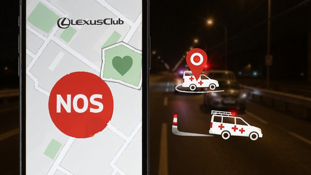 һ��չʾ eLexusClub ��·��Ԯ���ܵ�ͼƬ���ֻ���Ļ��ʾһ����Ŀ�ĺ�ɫSOS��ť���Ա��е�ͼ��λͼ��;�Ԯ����ͼ�ꡣ������ҹ����·��ģ�����󡣷���������ȫ���ɿ��������������޶���Ԫ�ء�