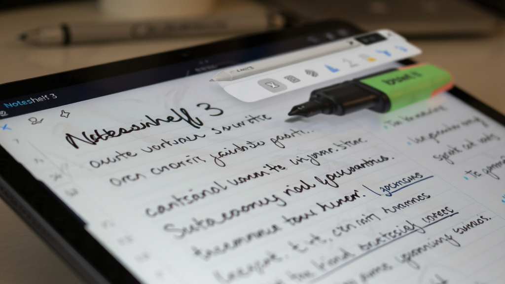 һ��չʾ Noteshelf 3 ��д�ʼ�ϸ�ڵ���д��Ƭ������۽���ƽ�������Ļ����Ļ����ʾ��һҳ��д�ʼǣ��ּ��������д�ϸ�仯���Ա������� Noteshelf 3 �ĸֱʺ�ӫ��ʹ������������黯�����Ϊдʵ��Ӱ��ϸ�ڰ�����Ļ��΢������ͱʼ����Ӱ�����ʸ��壬�ɾ����޶���Ԫ��