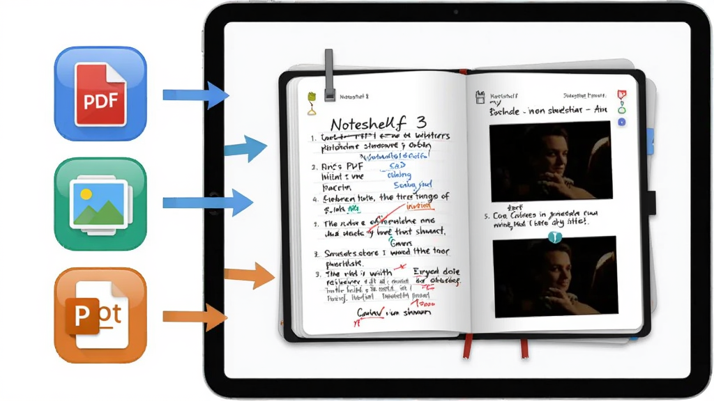 һ��չʾ Noteshelf 3 ���ʽ���빦�ܵ�ʾ��ͼ������������һ��ƽ�������Ļ����Ļ�����ʾ�� PDF �ĵ�ͼ�ꡢͼƬͼ��� PPT ͼ�꣬��Щͼ����ͨ����ͷָ����Ļ�Ҳ�һ���򿪵� Noteshelf 3 �ʼǱ����ʼǱ�ҳ���ϻ������д��ע�͵����ͼƬ�����Ϊ��ƽ���Ƽ��磬����������ϸ�ڰ���ͼ��Ĺ����ҳ��Ĳ�θУ����ʸɾ����޶���Ԫ��