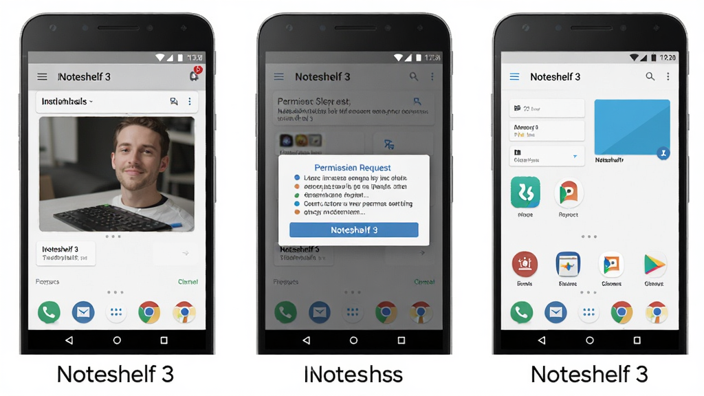 һ��չʾ Noteshelf 3 �ڰ�׿�ֻ��ϰ�װ��Ȩ�����ò����ͼ�⣬�����Ϊ�������ŵ��ֻ���Ļ��ͼ����һ����Ļ��ʾ��װ���棬�ڶ�����Ļ��ʾȨ�����󵯴�����������Ļ��ʾ Noteshelf 3 �������棬ÿ����Ļ�·��м�������˵�������Ϊ��ƽ�� UI չʾͼ���������룬ϸ�ڰ����ֻ��߿�ͽ���Ԫ�أ������������ɾ����޶���Ԫ��
