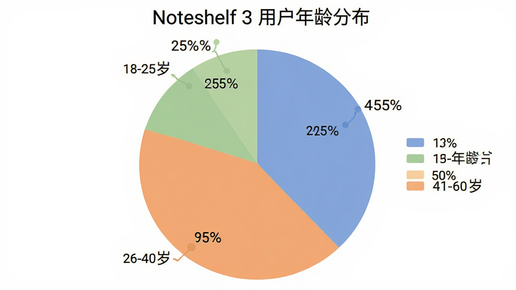һ��չʾ Noteshelf 3 �û�����ֲ��ı�״ͼ��ͼ������Ϊ Noteshelf 3 �û�����ֲ�������Ϊ 18-25��ռ�ٷ�֮��ʮ�壬26-40��ռ�ٷ�֮��ʮ��41-60��ռ�ٷ�֮��ʮ�壬��ͼ��ɫ��ͣ�����ͼ���Ͱٷֱȱ�ǩ�����Ϊ��ƽ�����ݿ��ӻ�ͼ��������������ϸ�ڰ������������ֺ������ͼ�����������ʸɾ����޶���Ԫ��