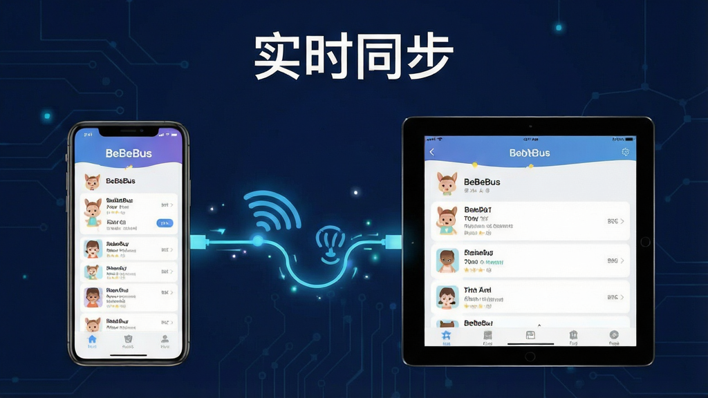 һ��չʾ���豸ͬ����ʾ��ͼ�����������һ���ֻ���ʾ��BeBeBus��ι����¼���棬�Ҳ���һ̨ƽ�������ʾ��ͬ�ļ�¼���ݣ��м��÷���������߱�ʾͬ�������涥���С�ʵʱͬ��������������Ϊ���ҶԳƣ����Ϊ�Ƽ��б�ƽ�廭��ϸ�����������ʸɾ����޶���Ԫ��