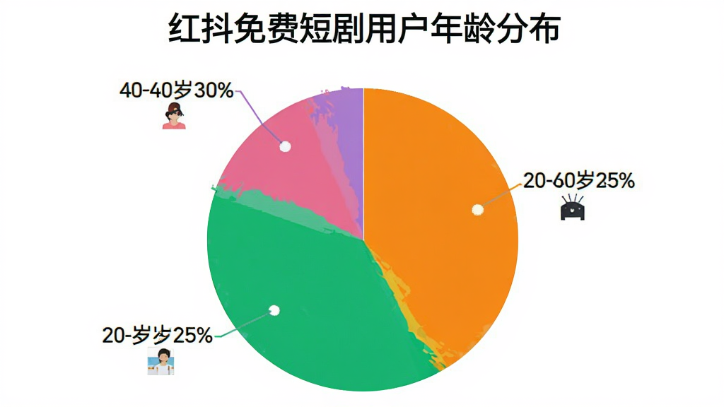 一个彩色饼状图,标题为“红抖免费短剧用户年龄分布”,图表分为三块,分别标注20岁以下25%、20-40岁45%、40-60岁30%,背景简洁,颜色区分明显,风格数据可视化,画质清晰,无多余元素。