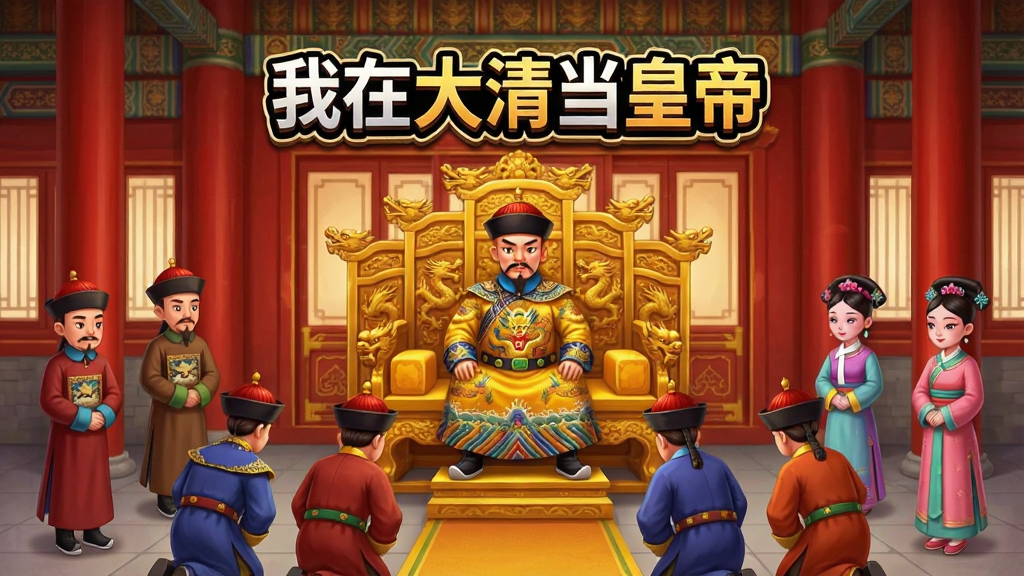 一张以清朝宫廷为背景的手机游戏界面截图,画面中央是身穿龙袍的皇帝坐在金銮殿龙椅上,下方跪着文武百官,左右两侧有太监和宫女侍立,画面顶部显示“我在大清当皇帝”游戏Logo,整体色调以红墙黄瓦和金色为主,风格庄重又不失趣味,画质清晰,无多余元素