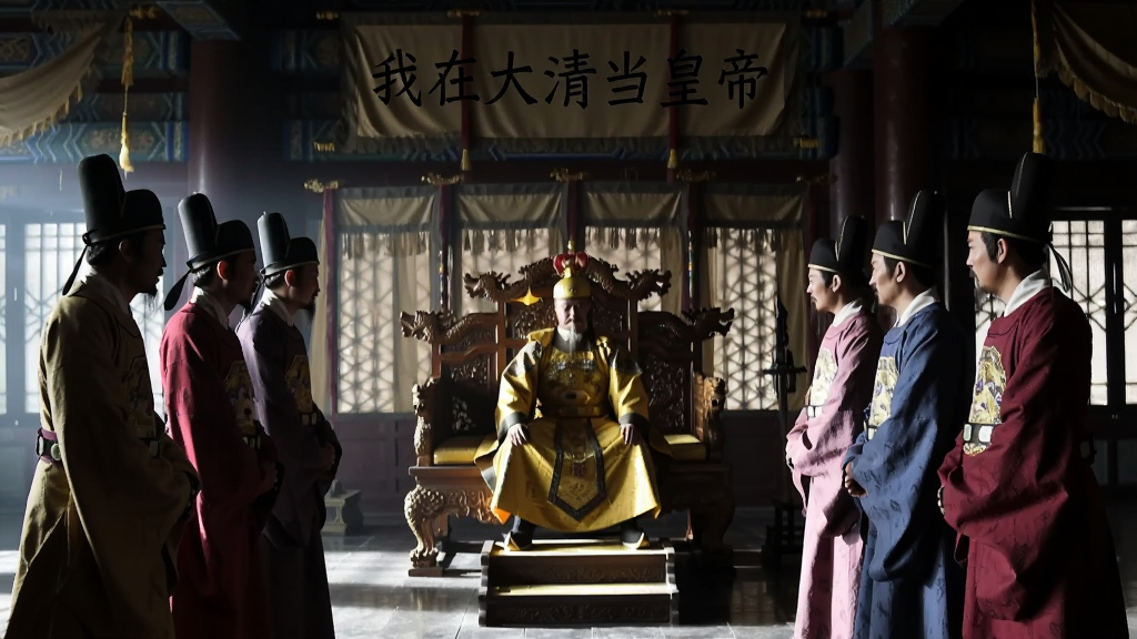 古代朝堂上两派官员对峙的场景,画面中间是皇帝高坐龙椅,两侧官员分立,背景有“我在大清当皇帝”字样,风格偏写实国风,光影对比强烈,画质清晰