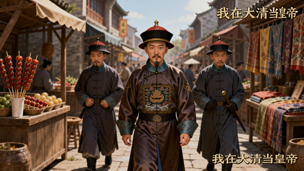 清朝皇帝微服私访走在市井街道上,身边跟着两个便衣侍卫,街道两旁有卖糖葫芦和布匹的摊贩,画面带有“我在大清当皇帝”游戏水印,风格古风写实,色调温暖,画质干净