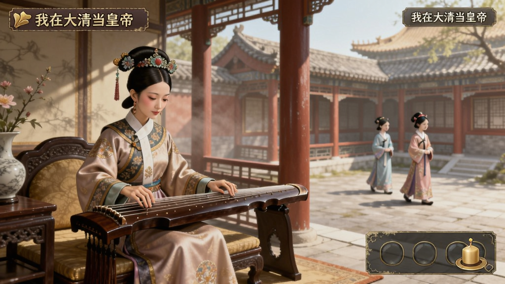 清朝后宫庭院场景,一位妃子在亭子里抚琴,远处有宫女走过回廊,画面带有“我在大清当皇帝”游戏内UI界面元素,色调柔和,风格唯美古风,画质细腻