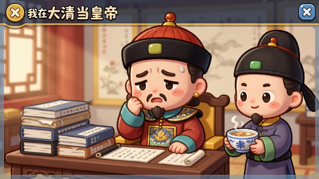 清朝皇帝坐在御书房里对着堆积如山的奏折发愁,旁边太监端着一碗参汤,画面带有“我在大清当皇帝”游戏界面边框,风格Q版可爱,色调明亮,画质干净无多余元素