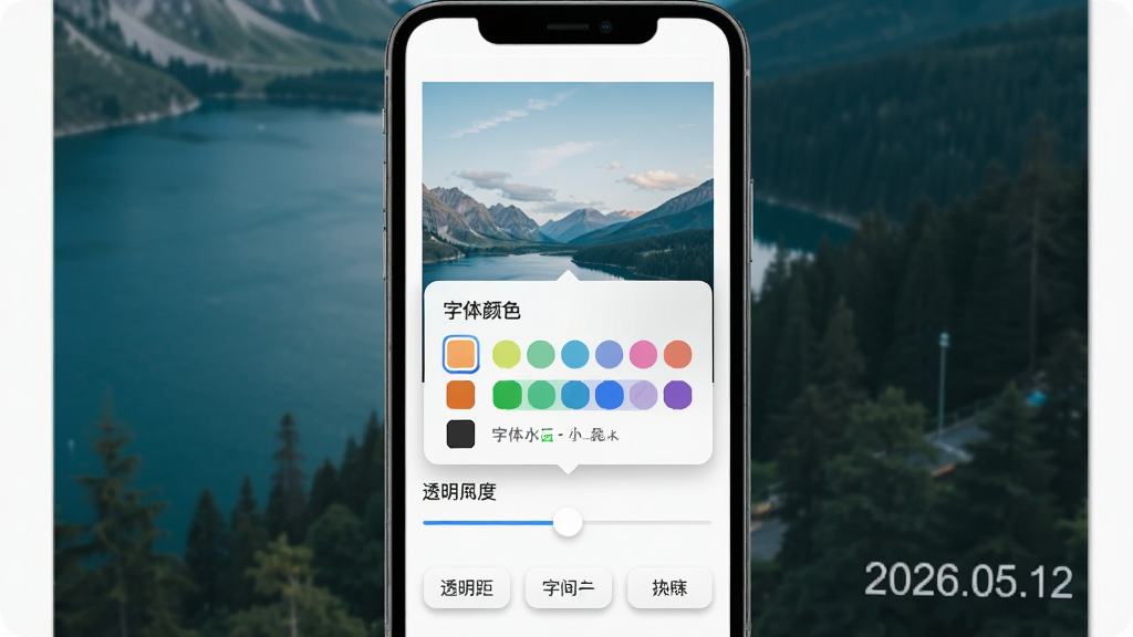 ɽˮ��ͼ��������������ˮӡ���ܲ������棬����Ϊ�ֻ���Ļ��ʾһ������������Ƭ�������Ϸ�����ƬԤ��������Ƭ���½���һ���������֡�2026.05.12�����м䵯��������ɫѡ����壬�·���͸���Ȼ�����ּ����ڰ�ť���Ű�������򣬷�����¼�Լ��ϸ���������Եƽ������ť����΢ͶӰ�����ʸɾ��޶���Ԫ��
