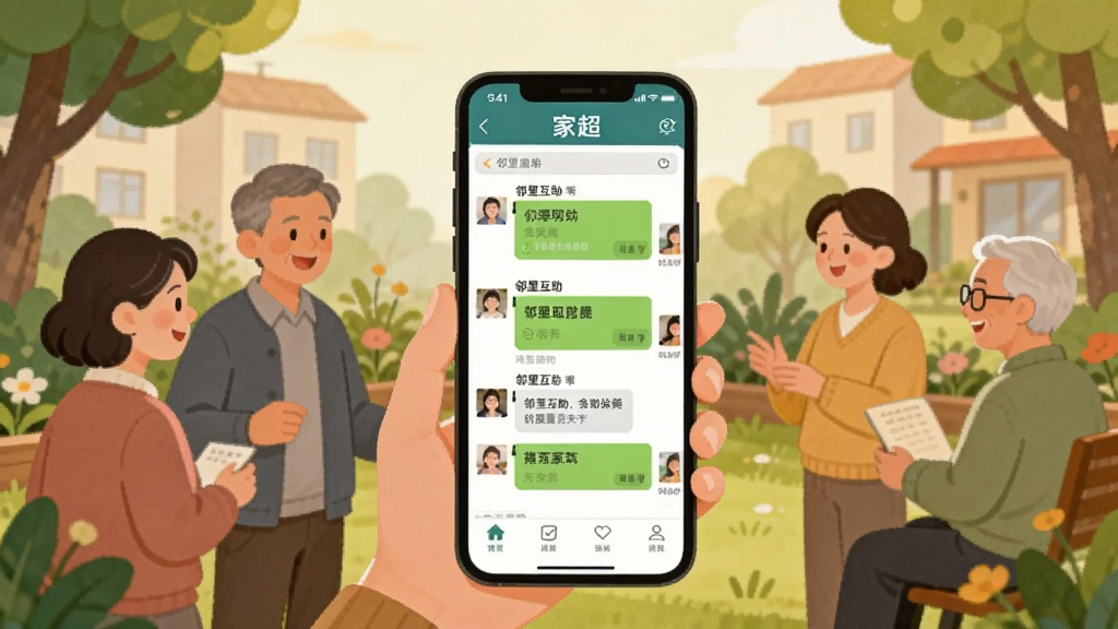 һ�Ų廭����ͼƬ�����һ����ܰ��������������������С����԰�����죬����һ�������ֻ�չʾ���ҳ���App���棬������ʾ���ﻥ��������Ի��򡣻�������ů��ɫ����ͣ����־��У����ʸɾ����޶���Ԫ�ء�