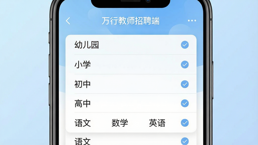һ���ֻ�APP��λɸѡ�������дͼ�����������ǡ����н�ʦ��Ƹ�ˡ���ɸѡ�˵����˵�չ��������չʾ���׶�԰����Сѧ�������С������С��Լ������ġ�����ѧ����Ӣ���ѧ��ѡ��������ֻ���Ļ���룬�Ű����룬�����ˬ��Լ��ϸ����ÿ��ѡ���Ա��жԹ�ͼ�꣬������ǳ��ɫ���䣬���ʸ��壬������Ԫ�أ���Ļ�����С����н�ʦ��Ƹ�ˡ�������