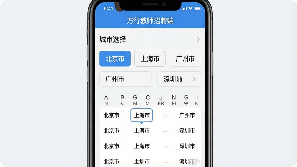 һ���ֻ�APP����ѡ������ʾ��ͼ�����������ǡ����н�ʦ��Ƹ�ˡ��ĳ���ѡ���б�����ʾ�������С����Ϻ��С��������С��������С������ų��а�ť���·��а���ĸ�����ʡ���б����������ֻ���Ļ���룬�Ű����룬����ִ���ƽ��ϸ���ϵ�ǰ��λ��������ɫ������ʾ��������ǳɫ�����ʸɾ����޶���Ԫ�أ������С����н�ʦ��Ƹ�ˡ�������