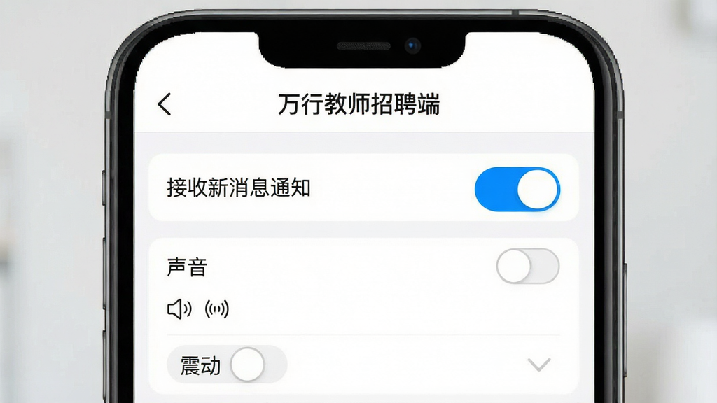 һ���ֻ�APP���ý����ʾ��ͼ�����������ǡ����н�ʦ��Ƹ�ˡ�����Ϣ֪ͨ����ҳ�棬ҳ�����С���������Ϣ֪ͨ���Ŀ��ذ�ť���ڿ���״̬���·��С����������𶯡�ѡ��������ֻ���Ļ���룬�Ű��࣬�����ˬ��ϸ���Ͽ��ذ�ťΪ��ɫ�����������ǰ�ɫ�����ʸ��壬�޶���Ԫ�أ������С����н�ʦ��Ƹ�ˡ�������