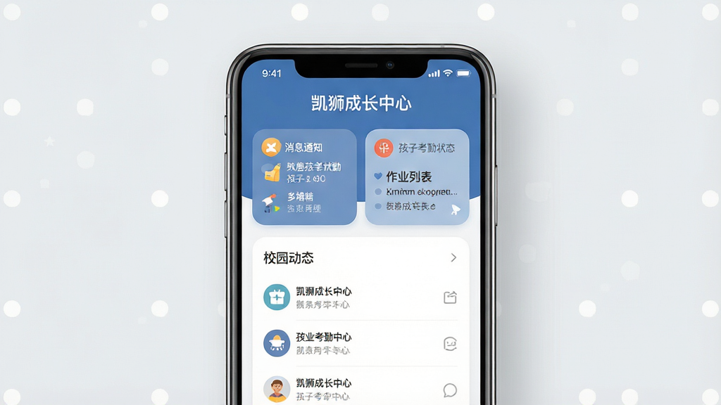 һ��չʾ����ʨ�ɳ����ġ�APP���Ľ�����ֻ�����ͼ������������һ���ִ������ֻ�����Ļ��ʾӦ����ҳ�棬�����С���ʨ�ɳ����ġ����ֱ�ʶ��ҳ�沼�ְ�����Ϣ֪ͨ��Ƭ�����ӿ���״̬����ҵ�б���У԰��̬��ڣ���ɫ����ů����ɫ�Ͱ�ɫΪ����ͼ��Բ�������������Ǽ���ǳ��ɫ������ִ���ƽ����ϸ�ڸɾ������ʸ��壬�޶���Ԫ�ء�