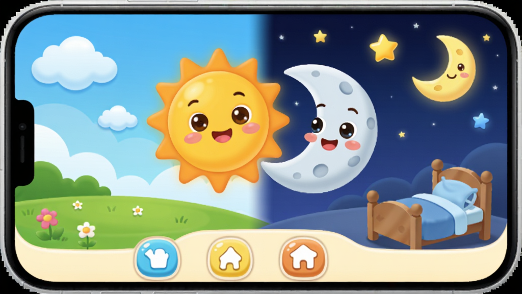 �����ҹӦ��������չʾ��������ʿ��Ʒ�Ķ�ͯ���App�����������ǿɰ��Ŀ�̫ͨ����������ɫ�����չʾ���쳡������������̲ݵأ��Ҳ�չʾ��ҹ��������������С�����ײ��Ǽ򵥵Ĳ�����ť������ɫ�������ů����ͨ���Բ��ɰ������������ʺ϶�ͯ�ۿ������ʸɾ������޶���Ԫ��