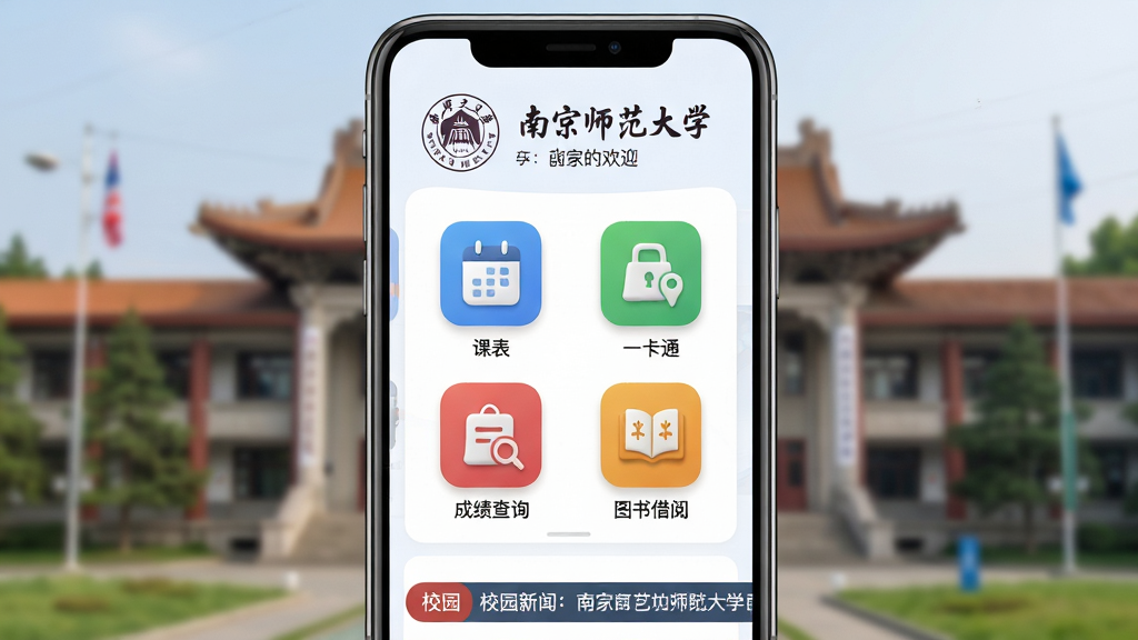 һ��չʾ�Ͼ�ʦ����ѧ�ٷ�App���Ĺ��ܵ��ۺϳ���ͼ���������ֻ���Ļ��ʾApp��ҳ������Ϊ�������Ͼ�ʦ����ѧУ�պͻ�ӭ��м��ǿα���һ��ͨ���ɼ���ѯ��ͼ������ĸ���ɫ����ͼ���������У��ײ���У԰���Ź��������Ű���þ��жԳƣ����Ϊ�ִ���ƽ��У԰�磬ϸ����ͼ�������΢����У��������黯����ʦ����԰У����־�Խ��������ʸ��壬�ɾ����޶���Ԫ�ء�