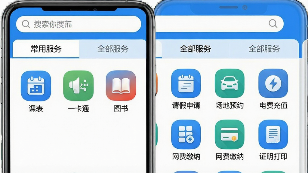�Ͼ�ʦ����ѧApp������������ͼ���������ֻ���Ļ������Ϊ�������������·��ǡ����÷��񡱺͡�ȫ������������ǩҳ�����÷�����չʾ�α���һ��ͨ���ɼ���ͼ���ĸ���ͼ�꣬ȫ����������������ʽ�����š�������롱������ԤԼ������ѳ�ֵ�������ѽ��ɡ���֤����ӡ����Сͼ�ꡣ�Ű����룬���Ϊ��ˬ��������ɫ��ϸ����ͼ�����Բ��ͳһ�������������ɾ����޶���Ԫ�ء�