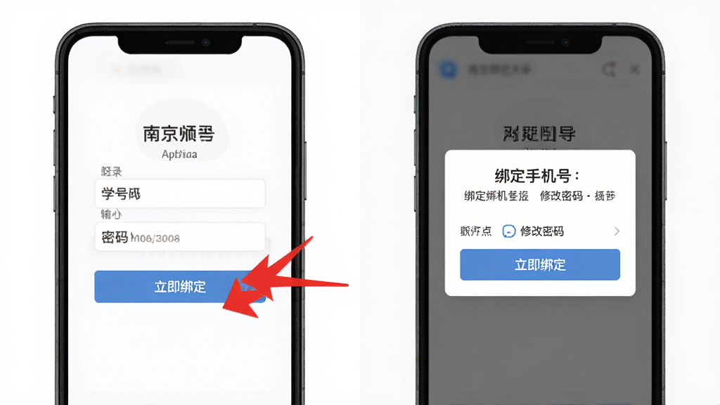 �Ͼ�ʦ����ѧApp��¼��������������ʾ��ͼ���������ֻ���Ļ������Ϊ�����ʾ��¼������ѧ�����룬�Ҳ���ʾ���ֻ��ź��޸��������ʾ�������Ű�Ϊ���ҶԱȣ����Ϊ��ƽ���̳�ͼ�⣬ϸ�����ú�ɫ��ͷ��ע�������󶨡���ť�������������ɾ����޶���Ԫ�ء�