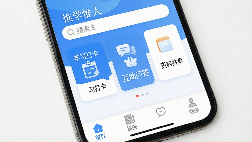 һ���ֻ���Ļչʾ��ΩѧΩ�ˡ�App�����棬���涥�������������м俨Ƭʽ�Ų��š�ѧϰ�򿨡��������ʴ𡱡����Ϲ������Ȱ�飬�ײ�����������������ɫ��������Ϊ������������£����ʸɾ��޶���Ԫ��