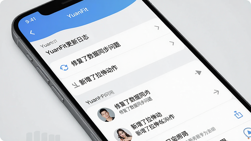 һ��չʾYuanFitӦ�ø�����־���û����������ͼƬ���������ֻ���Ļ����Ļ����ʾ�Ű汾�������ݺ��û������б����С��޸�������ͬ�����⡱�����������춯��������Ŀ�����ɾ����࣬������ǳ��ɫ��ϸ�����������ʸɾ��޶���Ԫ�ء�