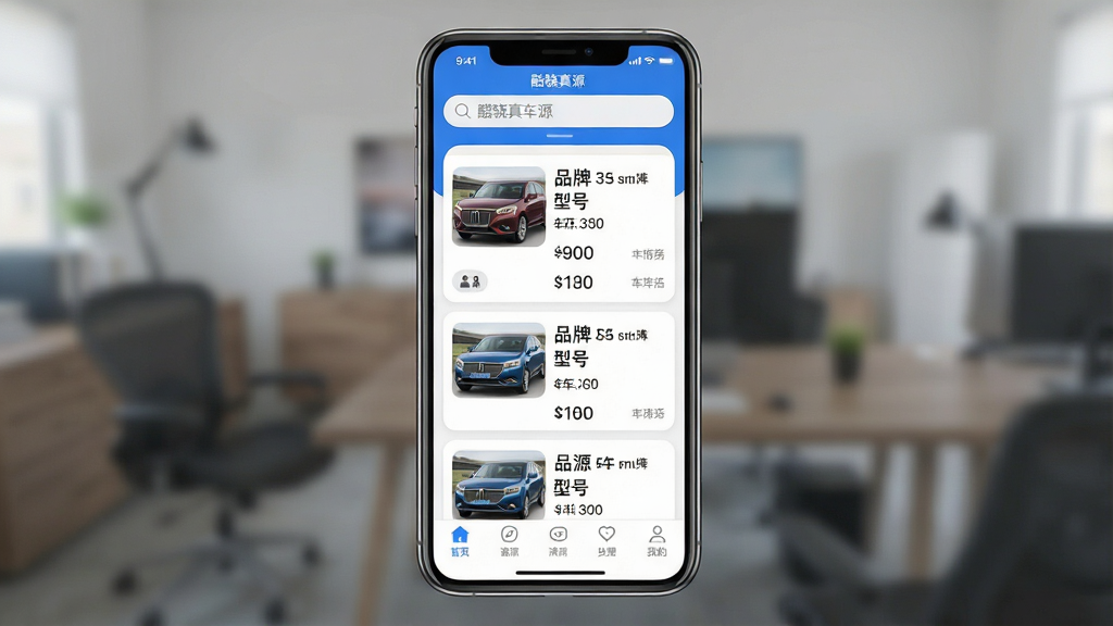 һ��չʾ�������泵Դ��App���Ľ�����ֻ���Ļ��ͼ������������App�����棬���������������ɼ����м�չʾ������Դ��Ϣ��Ƭ����������Ʒ�ơ��ͺš���ݡ��۸�ȹؼ��ֶΣ��ײ�������������ˣ��������������ɫ������ִ���ƽ��ϸ��Բ�󣬻��ʸɾ��������޶���Ԫ�ظ���