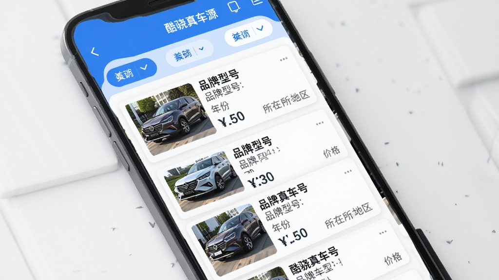 һ��չʾ�������泵Դ��App��Դ�б�ҳ���ͼƬ���������ֻ���Ļ��ʾ������Դ��Ϣ��Ƭ��ÿ�ſ�Ƭ������������ͼ��Ʒ���ͺš���ݡ��۸�����ڵ�����������ɸѡ��ť������������Ϊ��ɫ������������������ִ���࣬���ʸɾ��޶���Ԫ��