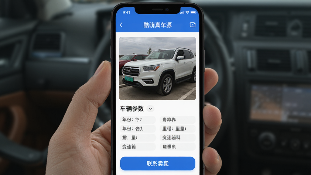 һ��չʾ�������泵Դ��App��Դ����ҳ���ͼƬ���������ֻ���Ļ��ʾһ����ɫSUV��ʵ����Ƭ���·������ų����������񣬰�����ݡ���̡����������������Ϣ��ҳ��ײ�����ϵ���Ұ�ť��������Ƽ��������������ɫ�����ʸɾ�