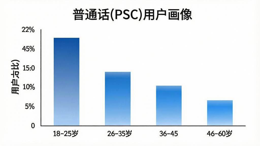 һ��չʾ��ͨ��(PSC)�û�����ֲ�����״ͼͼƬ�������ע�����18-25�ꡢ26-35�ꡢ36-45�ꡢ46-60�꣬�����ע�û�ռ�Ȱٷֱȣ���״ͼ��ɫΪ��ɫ���䣬ͼ���Ϸ�����ͨ��(PSC)�û�������⣬�����ɾ���ɫ�������רҵ�����������޶���Ԫ��