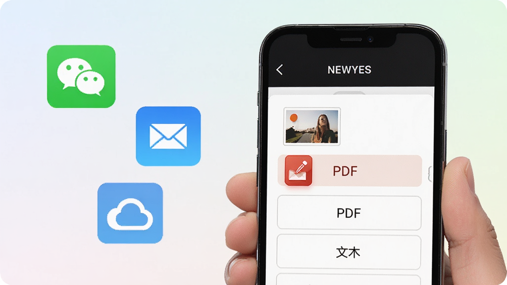 һ��չʾNEWYES������������ܵ�ͼƬ��������һֻ�������ֻ����ֻ���Ļ����ʾNEWYES�ʼǵ������棬��ͼƬ��PDF���ı�����ѡ�ť���ֻ��Ա�Ư���ż�������������ͼ����΢�š��ʼ������̣���������͵�ǳɫ���䣬��������죬ϸ�����������ʸɾ����޶���Ԫ��