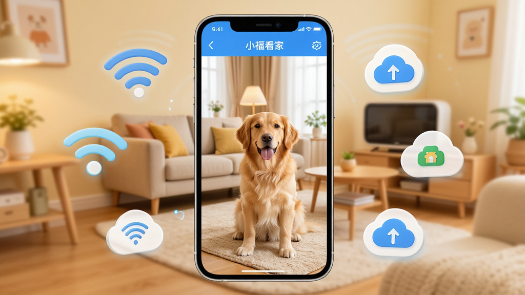 һ��չʾС������App����ȫò������ͼ��������һ̨�����ֻ�����Ļ����ʾ��С�����ҵļ�ػ��棬�������п���������һֻ�ɰ��ĳ��ﹷ���������ֻ����У���Χ������WiFi�ź�ͼ����ƴ洢ͼ�꣬�Ű������죬�������ܰ�ִ��Ƽ��磬ϸ�ڰ����ֻ��߿�Բ�󡢻���ɫ�����������ʸ��壬�ɾ����޶���Ԫ��