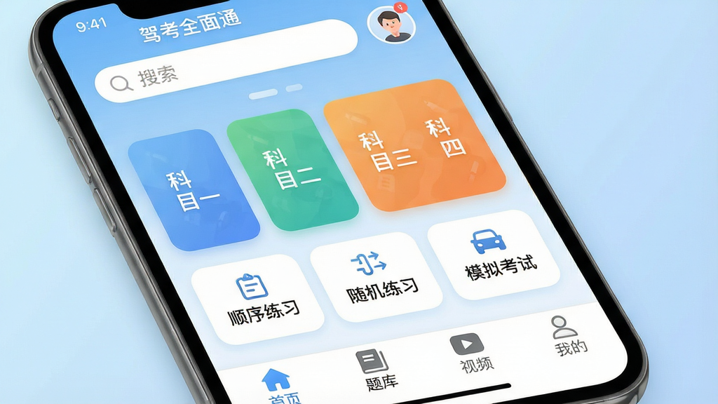 һ���ֻ�Ӧ�ý����ͼ�������ǡ��ݿ�ȫ��ͨ��APP��ҳ������Ϊ�������������û�ͷ���м��ǿ�Ŀһ����Ŀ������Ŀ������Ŀ���ĸ���ť��Ƭ���·��ǡ�˳����ϰ���������ϰ����ģ�⿼�ԡ���ڣ��ײ��������С���ҳ������⡱����Ƶ�����ҵġ��ĸ�ͼ�꣬�Ű�������������ִ���ƽ����ƣ�ϸ��Բ�󣬱���Ϊǳ��ɫ���䣬���ʸɾ����޶���Ԫ��