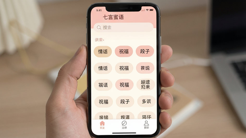 һ���ֻ���Ļ��ʾ���������App�������ͼƬ�����涥�����������м��Ǹ��ַ����ǩ�硰�黰����ף���������ӡ����ײ�������ѡ���������ɫΪ��ů���װ�ɫ��ǳ��ɫ������������࣬����ִ���ƽ�����ʸɾ��޶���Ԫ��
