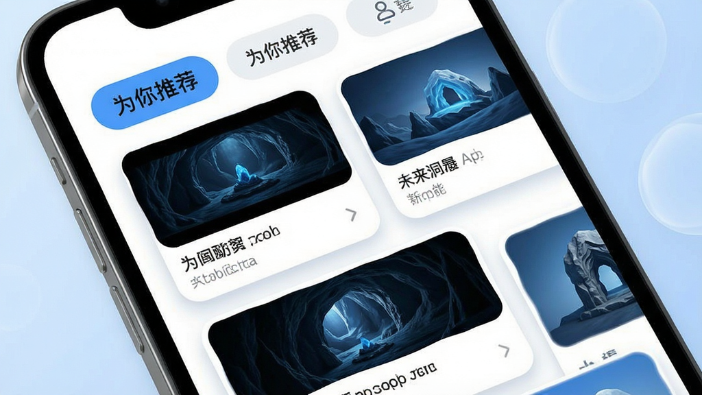 һ��չʾ��δ������App���Ի��Ƽ����ܵĽ����ͼ������Ϊ�ֻ���Ļ��д������Ϊ���½ṹ���Ϸ��ǡ�Ϊ���Ƽ�����ǩ�����·��Ǵ������µ����ݿ�Ƭ���Ű�������£�������¼�Լ��ϸ���Ͽ�Ƭ����Բ����Ӱ������ɫ��������Ϊ�������ʸɾ����޶���Ԫ�ء�