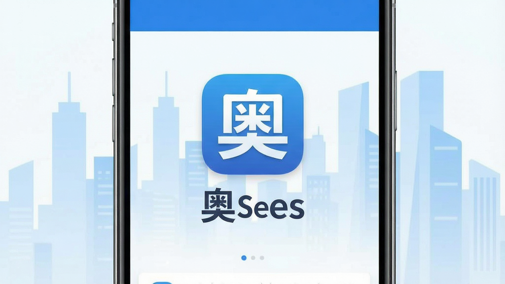 一张展示奥塞斯应用主界面的手机截图,画面中央是奥塞斯软件的名称和图标,界面以简洁的蓝白色调为主,背景是干净的城市剪影,风格现代扁平,细节清晰,画质明亮无多余元素