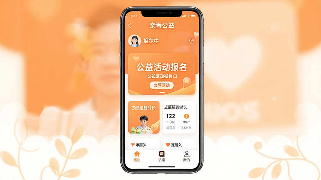 һ���ֻ�Ӧ�ý���չʾͼ�����������ǡ����๫�桱App����ҳ��������ʾ�û�ͷ����ǳƣ��м�����Ŀ�Ĺ���������ں�־Ը����ʱ����Ƭ���ײ��ǻ����Ѷ���ҵ�����ѡ�������Ϊ��ů�ĳȰ�ɫ������������£����ʸɾ����޶���Ԫ��