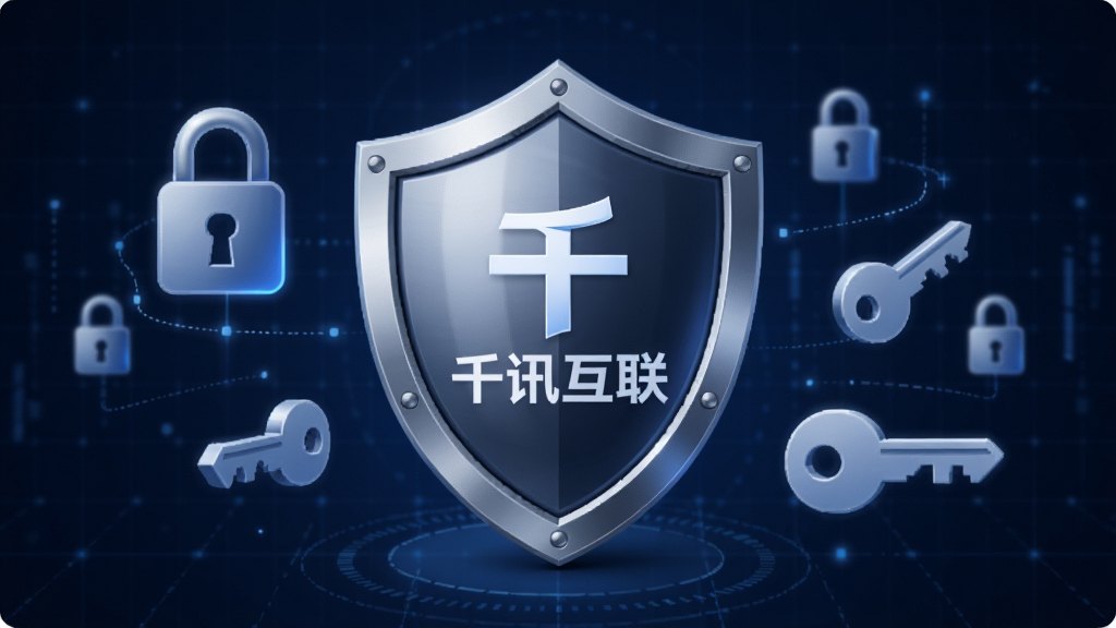 千讯互联隐私安全保护功能示意图,画面中央是一个盾牌图标,盾牌上印有千讯互联的Logo,盾牌周围环绕着锁和钥匙的抽象符号,背景是深蓝色科技感网格,布局居中对称,风格安全可靠,细节上盾牌有金属质感,光线柔和,画质干净,无多余元素