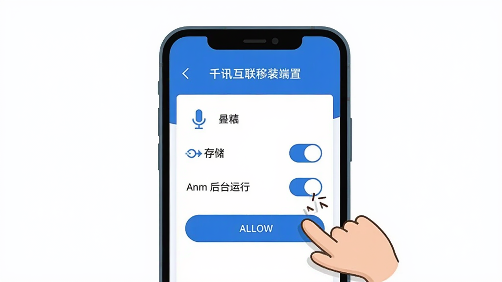 千讯互联移动端安装设置界面示意图,画面中一部手机显示着权限设置页面,页面上有麦克风、存储、后台运行等权限开关,旁边有一个卡通手指正在点击允许按钮,布局简洁明了,风格扁平化插画,细节上图标清晰,颜色以蓝白为主,画质干净,无多余元素