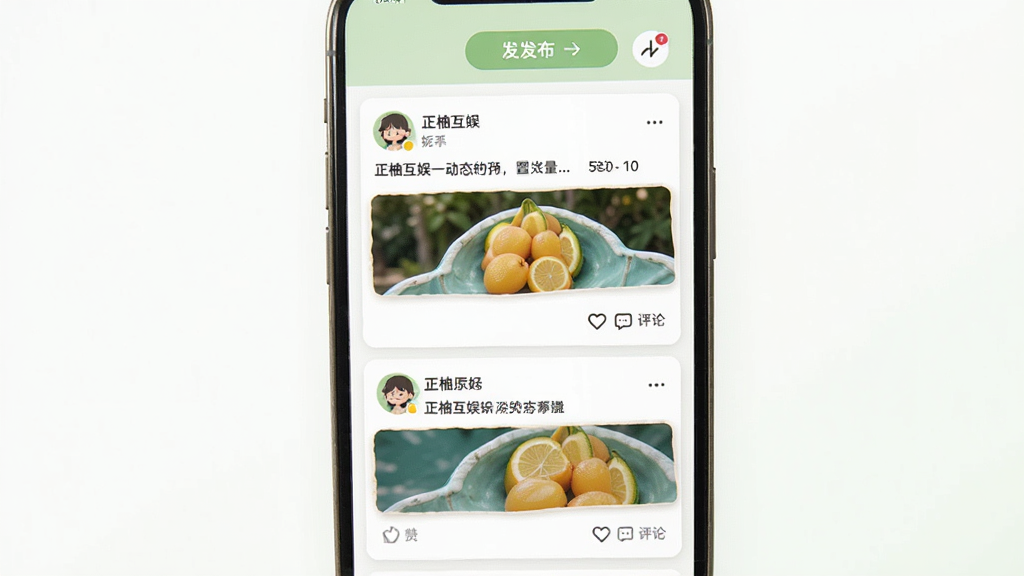 ���ֻ��鶯̬�㳡���棬�ֻ���Ļ��ʾ�ٲ������ֵĶ�̬��Ƭ��ÿ�ſ�Ƭ�����û�ͷ���ǳơ���̬���ֺ���ͼ�����½��е��޺�����ͼ�꣬�����з�����ť���������������죬��ɫ�԰�ɫ��ǳ��ɫΪ�������ʸɾ����࣬�޶���Ԫ�ء�