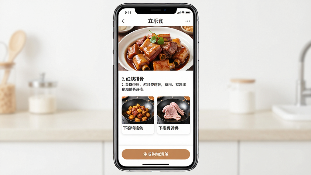 һ��չʾ����ʳ��App���ײ��������ͼƬ�������������ֻ���Ļ����Ļ����ʾ�š������Źǡ��Ĳ��ף��Ϸ������˵ĳ�Ʒͼ���м��Ƿֲ�������˵���Ͷ�Ӧ�ĳ���ɫ�����Źǵ�ʵ��Сͼ���·���һ�������ɹ����嵥���İ�ť�����岼�����������Ϊ�ɾ���UI���չʾ�������������޶���Ԫ�ء�