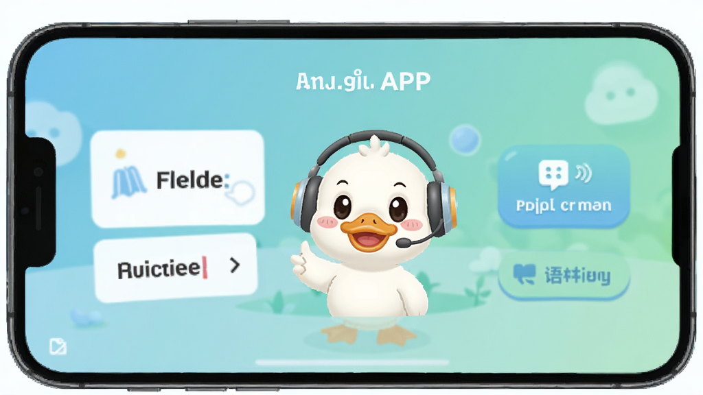 һ��չʾ����ѼӢ��APP��ҳ���ֻ�����ͼ������������һֻ�ɰ��Ŀ�ͨѼ�Ӵ��Ŷ������Ա���Ӣ�ﵥ�ʿ�Ƭ�Ϳ�����ϰ��ť����������͵�����ɫ���䣬������»��ã��ʺ�ѧ���������ϰ��壬���ʸɾ����޶���Ԫ��